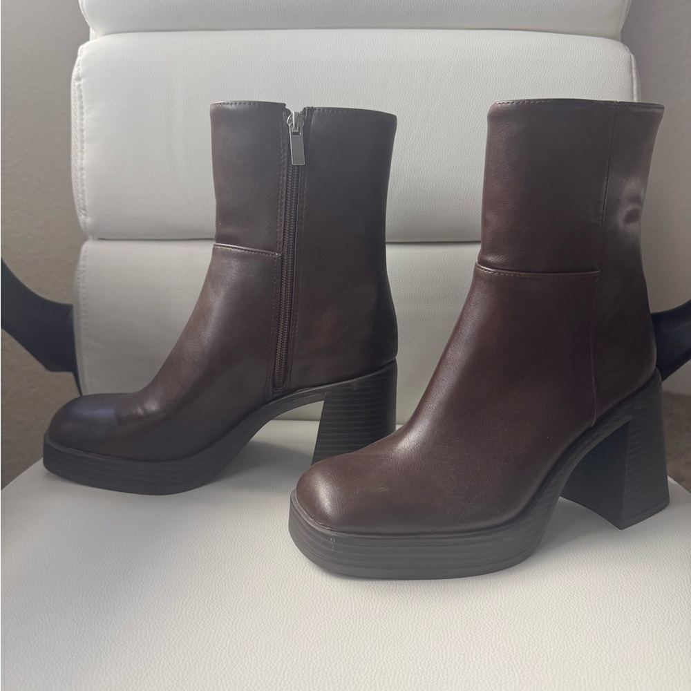 Bershka Dark Brown Leather Platform Ankle Boots